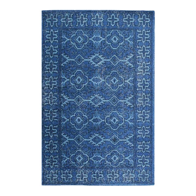 4x6 Blue Hand-Knotted Wool Azure Floral Medallion Classic Traditional Carpet Rug For Sale