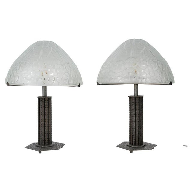 Vintage Art Deco Lamps in Wrought Iron and Molded Glass, 1930, Set of 2 For Sale - Image 11 of 11
