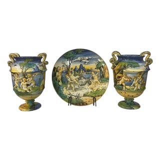 Triptych of Decorative Amphorae and Plate, 1800s, Set of 3 For Sale