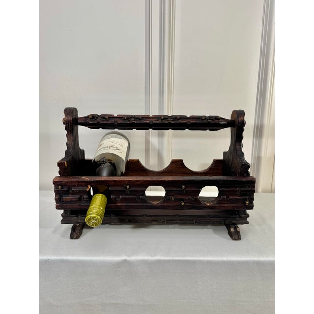 Spanish Revival Solid Wood & Brass Three Wine Bottle Holder For Sale - Image 4 of 12