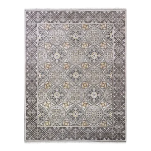 Textured Wool and Silk Mughal Inspired Medallions Design Hand Knotted Brown Oriental Rug