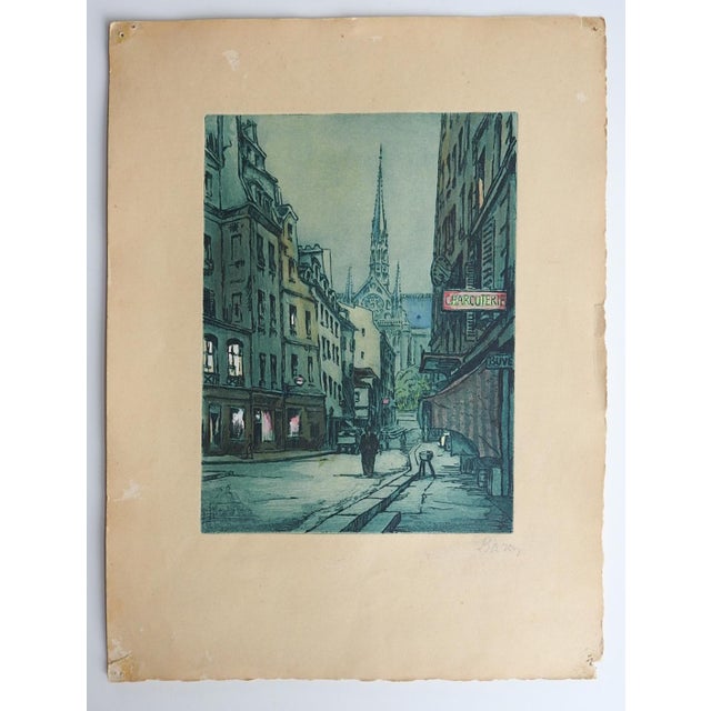 French Mid 20th Century Paris Street Cityscape Etching For Sale - Image 3 of 3