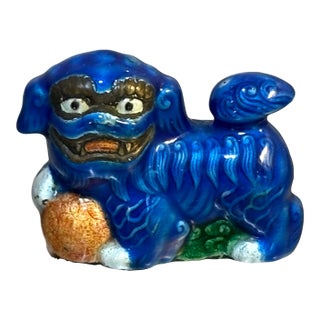 Mini Deep Blue Ceramic/Brass-Base Foo Dog Figurine For Sale