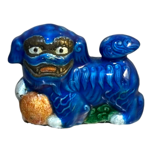 Mini Deep Blue Ceramic/Brass-Base Foo Dog Figurine