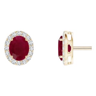 1 Carat Oval Natural Ruby and Diamond Stud Post Earrings 14 Karat Yellow Gold For Sale