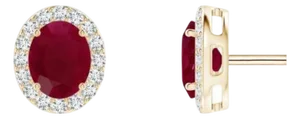 1 Carat Oval Natural Ruby and Diamond Stud Post Earrings 14 Karat Yellow Gold