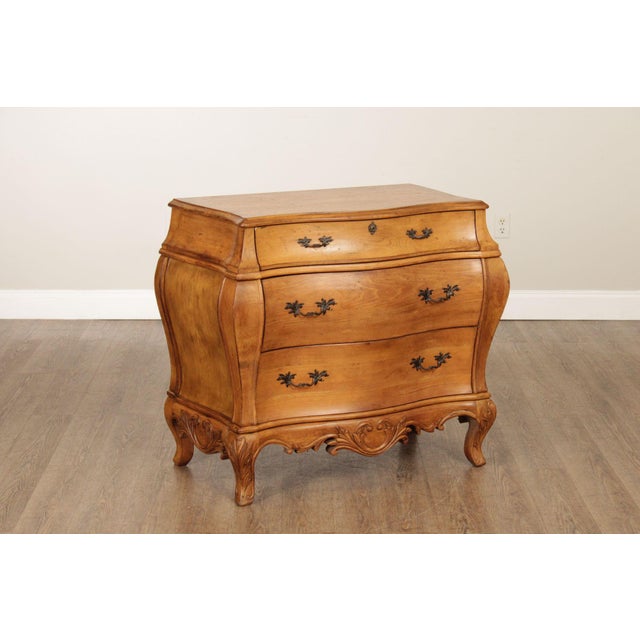 High Quality Vintage Carved Bombe Chest or Commode with Three Drawers and Brass Hardware