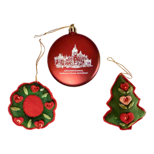 Three Vintage German Christmas Ornaments - Cloth Wreath & Tree, & Hotel Kronberg