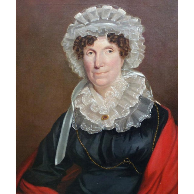 Huge Antique French Oil Painting Portrait, c.1800 Woman in Lace Bonnet, Red Shawl, Heavy 38" X 34" Wood Frame For Sale - Image 4 of 12