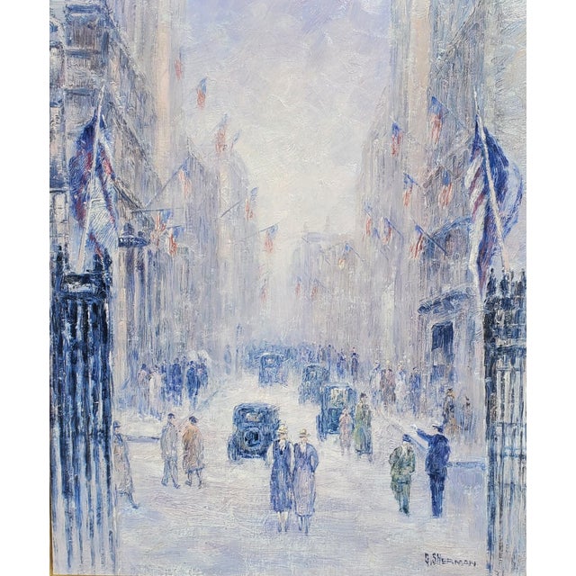 This original 1930s post-Impressionist-style oil on canvas painting depicts a bustling Wall Street filled with several...