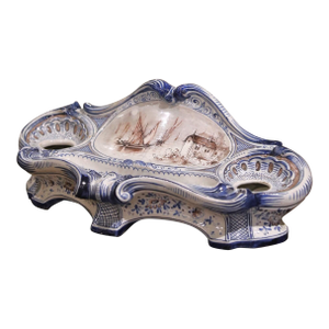 19th Century French Louis XV Hand Painted Delft Style Faience Inkwell Vide-Poche