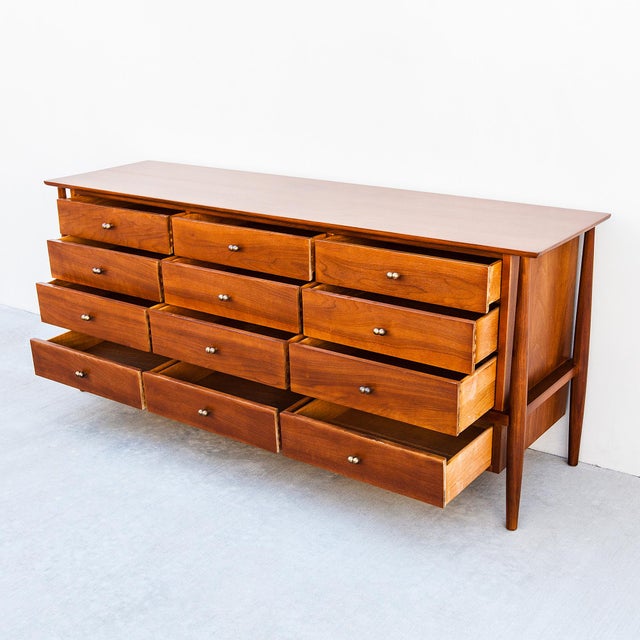Restored 1950s Mount Airy Walnut & Brass Sculptural Mid Century Lowboy Dresser, Attributed For Sale In Los Angeles - Image 6 of 12