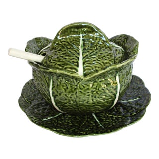 Belo Faiancas Portugal Green Cabbage Soup Tureen With Platter & Spoon For Sale
