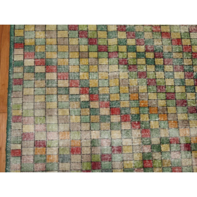 Late 20th Century Distressed Checkerboard Green Turkish Deco Room Rug For Sale - Image 4 of 6