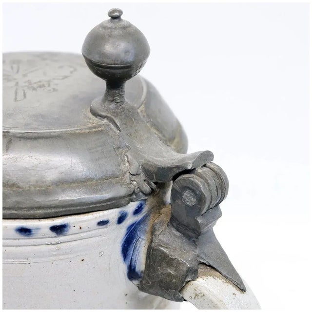 Late 18th Century German Westerwald Walzenkrug Stoneware Pewter Mounted Tankard For Sale - Image 5 of 10