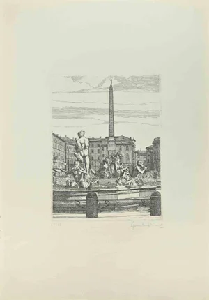 Giuseppe Malandrino, Navona Square, Fountain of 4 Rivers, Etching, 1972