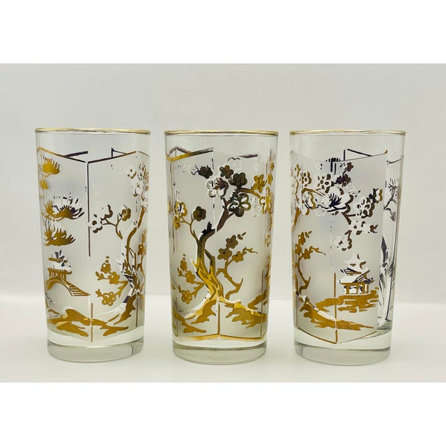 Glass Mid 20th Century Cherry Blossom Gold Glasse s- Set of Three For Sale - Image 7 of 9