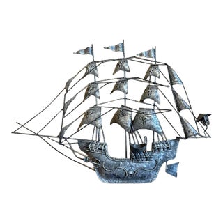 Vintage Brutalist Welded Metal Sailing Ship Wall Sculpture Mid Century For Sale
