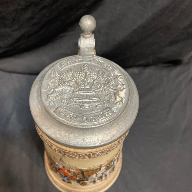 Early 20th Century Early 20th Century Classically-Decorated German Beer Stein With Ornamented Pewter Lid For Sale - Image 5 of 11