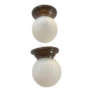1940s Pair Midcentury Frosed Crackle Glass Flushmount Globes on Old Brass Holders For Sale
