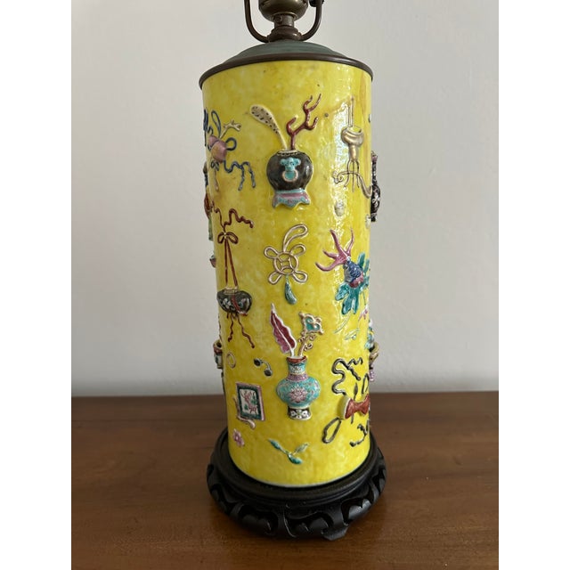 Antique Chinese Famille Rose Yellow Lamp Relief Decorated Vase For Sale - Image 12 of 18