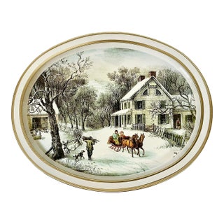 Mid-Century Americana Farmhouse Currier & Ives Metal Tray - The American Homestead, Winter For Sale