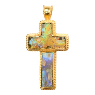 Antique Green & Blue Roman Glass Cross in 21K For Sale