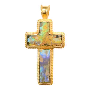 Antique Green & Blue Roman Glass Cross in 21K