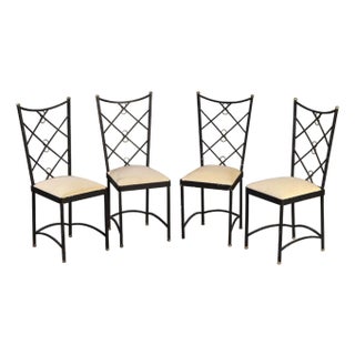 Set of 4 French Wrought Iron and Brass Chairs in the Manner of Andre Arbus, Circa 1950 For Sale