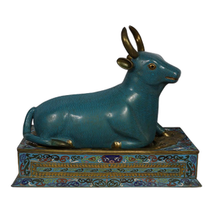 Late 19th Century Antique Chinese Large Royal Gold Plated Cloisonne Bull Statue