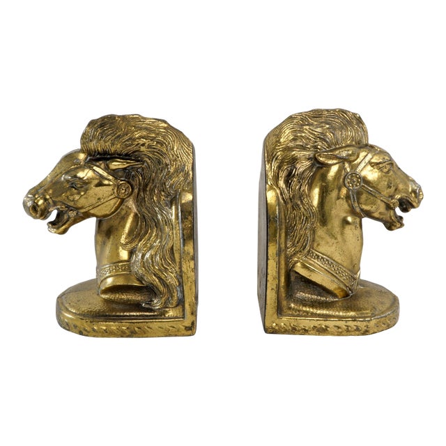 Pair of Mid Century Goldtone Stallion Horsehead Bookends BMPro For Sale