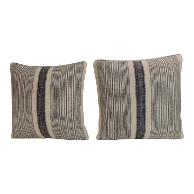 Vintage Chinese Homespun Blue and Natural Stripes Decorative Pillows - A Pair For Sale