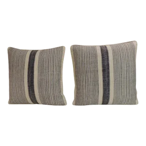 Vintage Chinese Homespun Blue and Natural Stripes Decorative Pillows - A Pair
