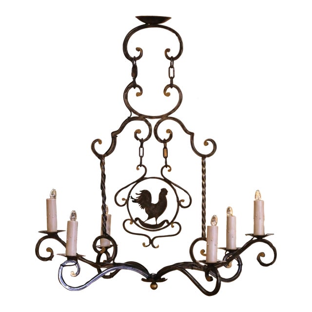 Late 20th Century French Hand-Forged Polished Iron Six-Light Rooster Chandelier For Sale