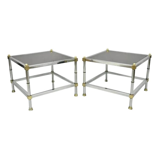 Hollywood Regency Maison Jansen Style Chrome & Brass Square End Tables - A Pair For Sale