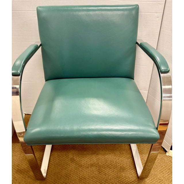 Pair of Mid Century Brno Chrome Flat Bar Teal Leather Chairs For Sale In New York - Image 6 of 6