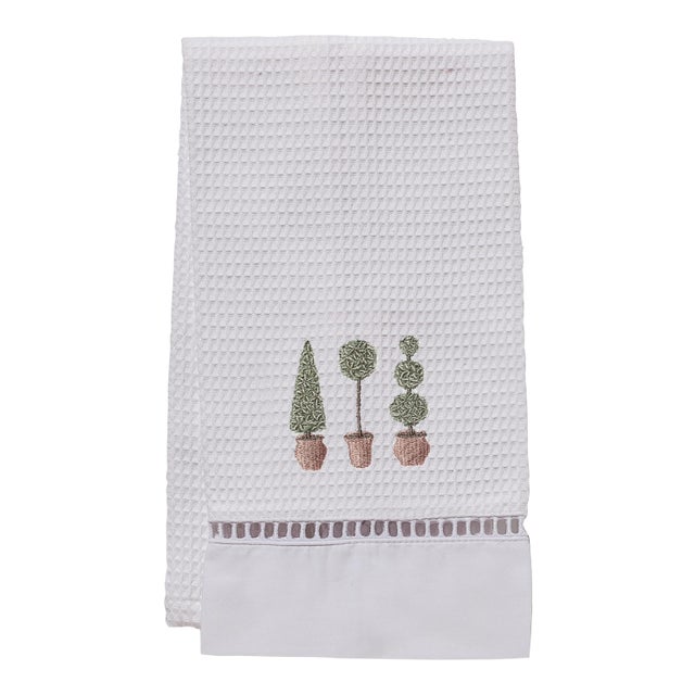 Three Topiary Trees Guest Towel White Waffle Weave, Ladder Lace, Embroidered For Sale