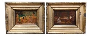 19th Century French Oil on Board Paintings in Carved Gilt Frames - a Pair
