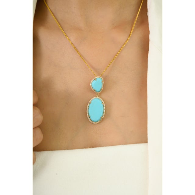 Turquoise Vintage 12.2 Carat Turquoise Diamond Halo Bohemian Statement Pendant in 14k Gold For Sale - Image 8 of 14