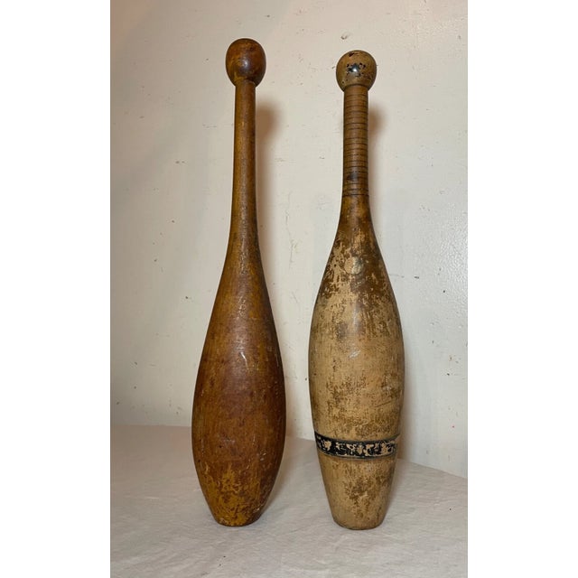 Folk Art Pair Antique 19th Century Handmade Folk Art Wood Exercise Weight Indian Club Pin For Sale - Image 3 of 8