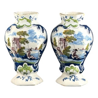 Dutch Delft Faience Vases with Hand-Painted Pastoral Scenes, Set of 2 For Sale