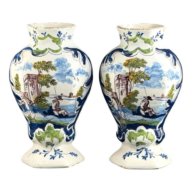 Dutch Delft Faience Vases with Hand-Painted Pastoral Scenes, Set of 2 For Sale
