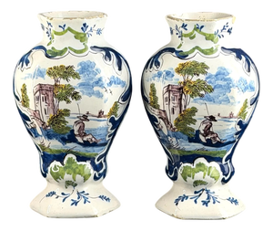Dutch Delft Faience Vases with Hand-Painted Pastoral Scenes, Set of 2