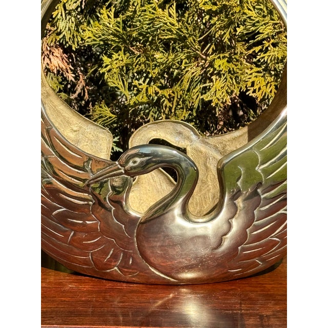 Elegant Midcentury Brass Basket with Retro Art Deco Style Crane Design. In Asian art, the majestic crane symbolizes good...