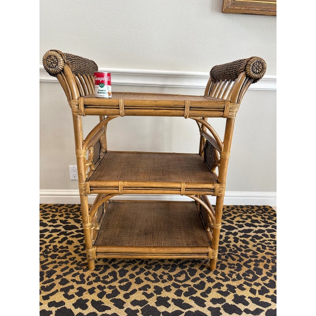 Fantastic Large Vintage Rattan, Woven Wicker and Cane over Wood Etagere. Beautiful materials in a solid and well made...