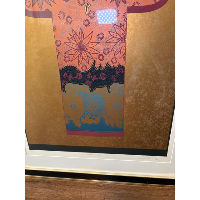 Gold Vintage Signed Limited Edition Floral Gold & Pink Kimono Lithograph Art For Sale - Image 8 of 12