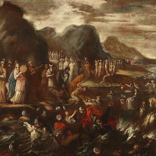 Neapolitan School, attributed to Scipione Compagno, The Crossing of the Red Sea, 17th Century, Oil on Canvas, Framed For Sale - Image 3 of 12