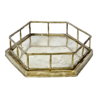 Vintage Hexagonal Brass Faux Bamboo Tray For Sale