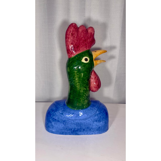 Late 20th Century Hand-Painted Italian Majolica Anthropomorphic Rooster and Hen Busts by Turtle and Crane - Palm Beach Regency Whimsy For Sale - Image 10 of 12