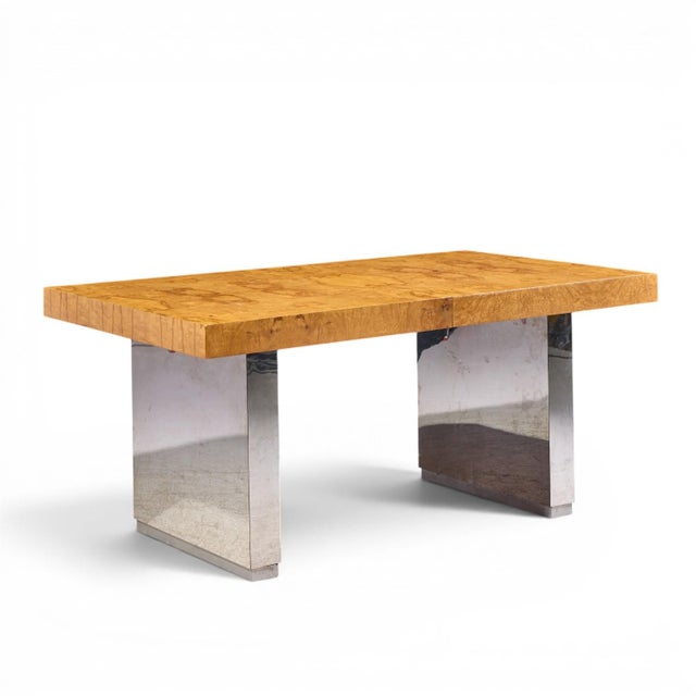 Roger Sprunger for Dunbar Mid Century Burlwood and Chrome Expanding Dining Table With 2 Leaves For Sale In Chicago - Image 6 of 13